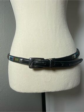 Y2K Brighton Black Leather Multicolor Beaded Skinny Belt Size XL